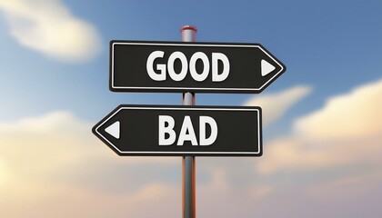 Fototapeta premium Directional sign showcasing good and bad decisions under a blue sky.