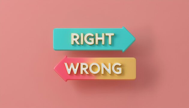 Conceptual representation of right and wrong with arrows on a colorful background, perfect for ethical discussions.
