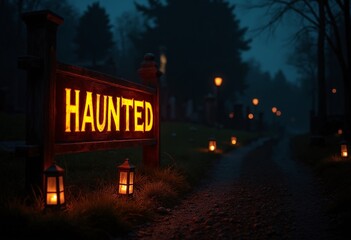 Illuminated Wooden Haunted Sign with Lanterns in a graveyard at night