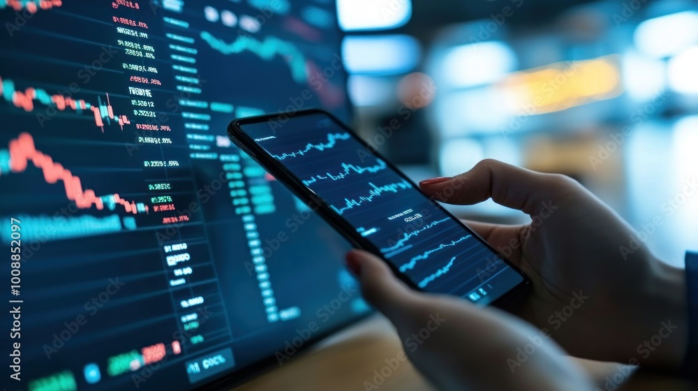 Poster person analyzing stock market data on a phone and computer screen.