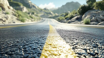 A scenic view of an empty road winding through mountains, showcasing vibrant nature and a clear sky.