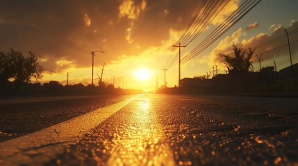 Breathtaking sunset view over a deserted road, capturing the essence of tranquility and nature's beauty in vibrant colors.