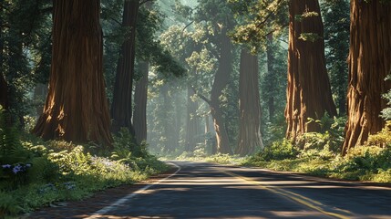 A serene forest road surrounded by tall trees, creating a peaceful and inviting atmosphere for nature lovers.