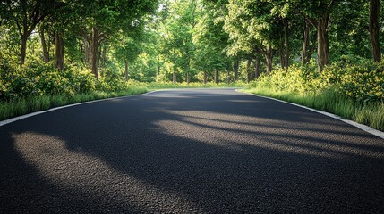 Scenic view of a winding road surrounded by lush greenery and trees, inviting peaceful travel and exploration in nature.