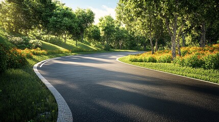 A scenic road winding through vibrant greenery, surrounded by lush trees and blooming wildflowers, perfect for nature lovers.