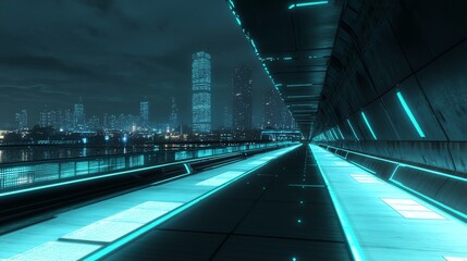 A futuristic urban landscape featuring a neon-lit walkway with a skyline of skyscrapers in the background under a starry night sky.