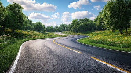 Scenic winding road surrounded by lush greenery and blue skies, perfect for travel, adventure, or nature themes.