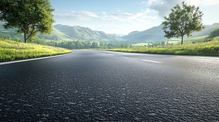 A scenic view of a winding road surrounded by lush greenery and mountains under a bright sky, ideal for travel and nature themes.