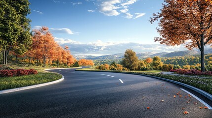 Scenic winding road surrounded by vibrant autumn foliage under a clear blue sky, perfect for travel and nature photography.