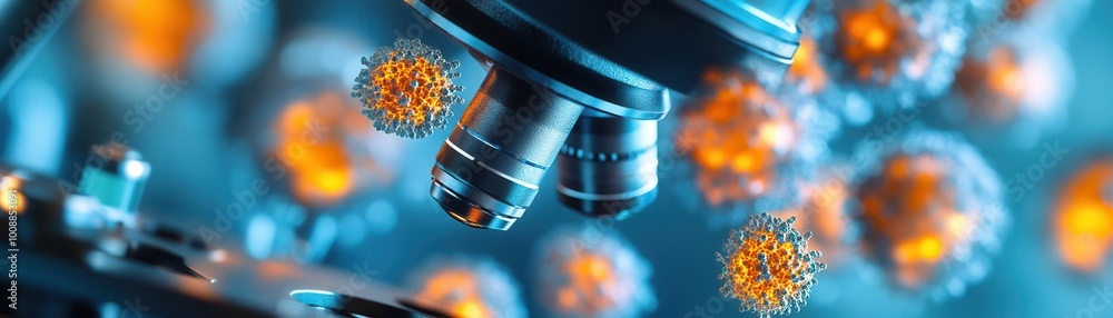 Poster a close-up view of a microscope observing vibrant microorganisms, showcasing science and technology 
