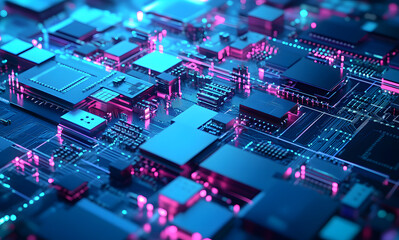 Obraz premium Tiled cyber structure. Nanotechnologies in processors and computer circuits. 3D illustration of digital streams in a futuristic motherboard
