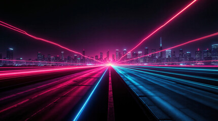 Futuristic cityscape with neon light trails, vibrant pink and blue streaks leading to glowing skyscrapers, cyberpunk urban night scene depicting speed and technology