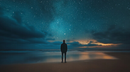 Fototapeta premium A person stands alone on a beach under a starry night sky during twilight