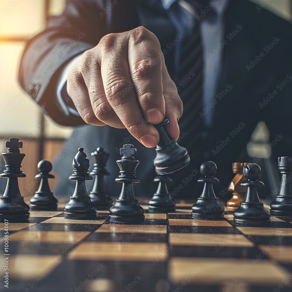 Poster strategizing the next move a businessman s chess game towards his ultimate objective
