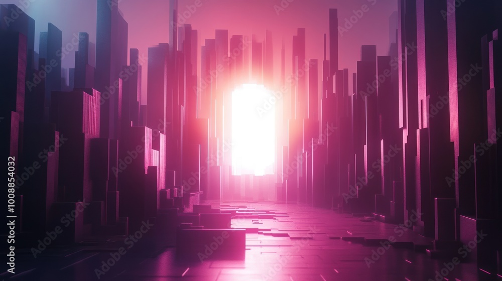 Poster futuristic cityscape with bright light at the end of a path