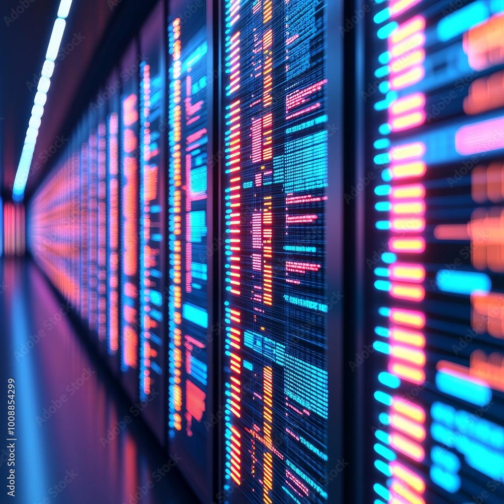 Aufkleber futuristic data center with glowing circuitry and digital displays on server walls.