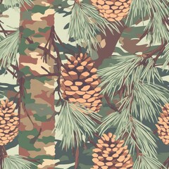 Fototapeta premium Camouflage Forest Pattern with Pine Cones and Needles