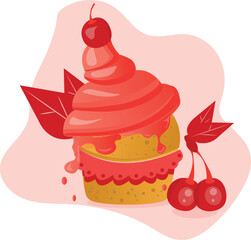  Cupcake with cherry, vector illustration