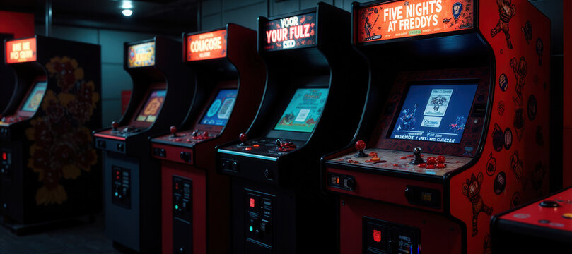 Retro arcade machines featuring Five Nights at Freddy's game in dimly lit gaming arcade, nostalgic neon-lit atmosphere with horror-themed video game cabinets