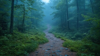 Obraz premium eerie forest scene enveloped in thick mist with shadowy pathways leading into the unknown creating a sense of mystery and inviting exploration in a hauntingly beautiful environment