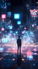 Fototapeta premium A person standing in the center of an abstract digital cityscape, surrounded by glowing screens and holographic images representing various online services