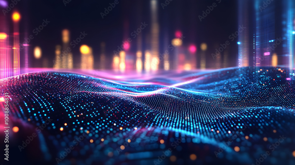 Poster neural network. cyber city, digital technology and information security. big data concept 3d illustr