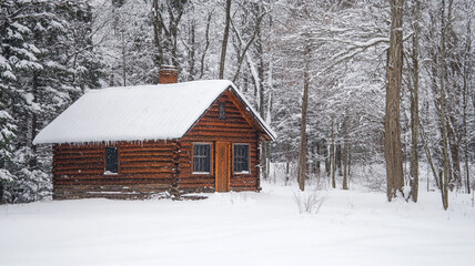 Cozy log cabin blanketed in snow during a winter snowfall in a serene forest landscape