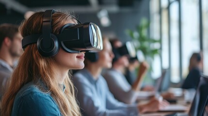 Woman wearing virtual reality headset with others in the background