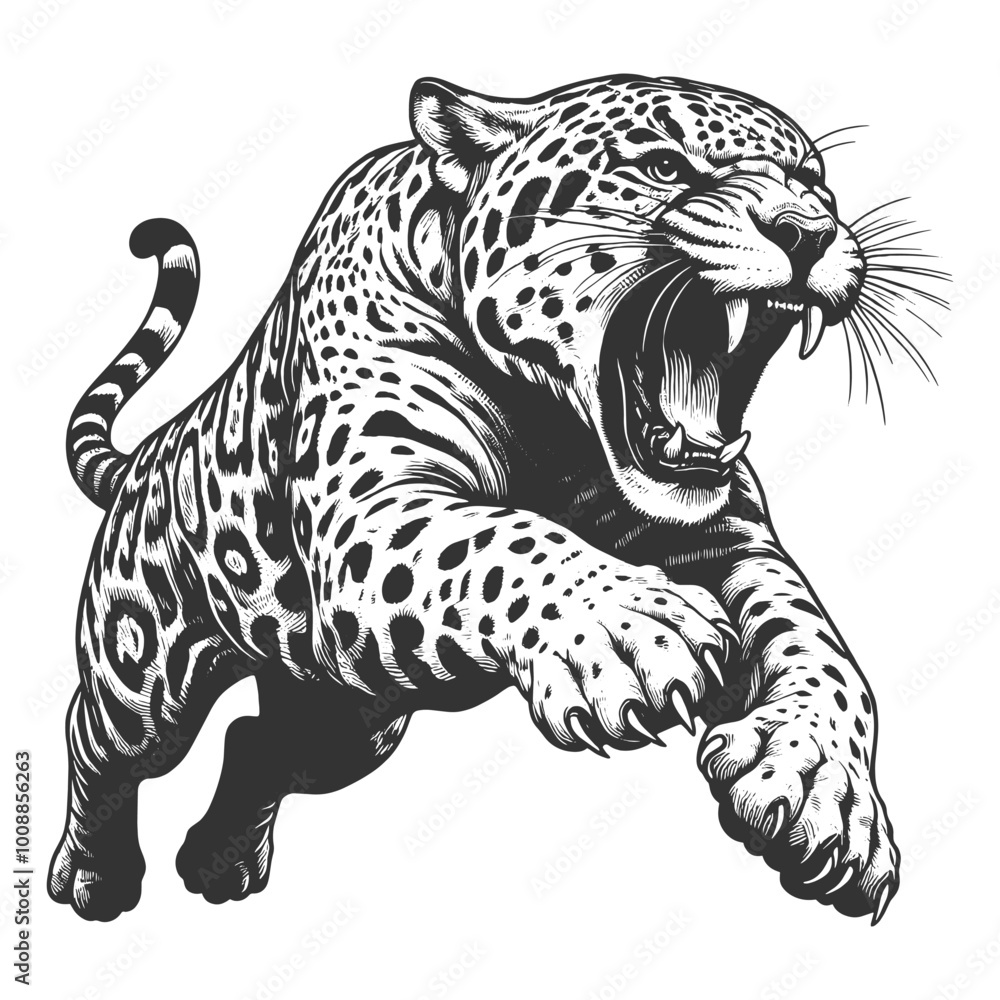 Poster fierce leaping leopard with an open mouth, drawn in a detailed engraving style sketch engraving gene