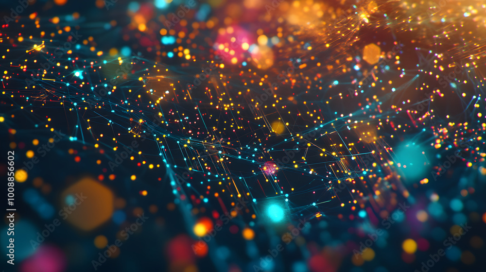 Poster cyber network, data flow, open source. 3d illustration of digital hi-tech particles