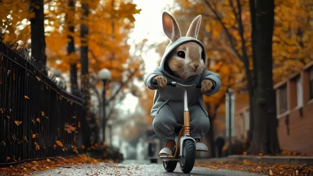 Adorable cartoon bunny in a grey hoodie riding a scooter. Perfect for adding a touch of whimsy and fun to your projects.. AI Generation