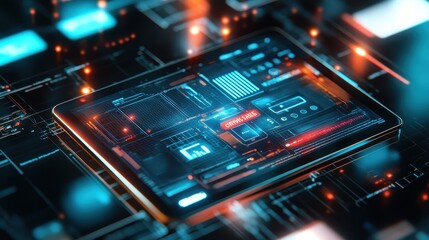 Futuristic and Technological Digital Interface with Glowing Buttons and Circuits