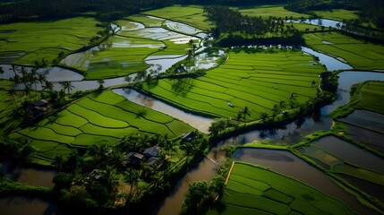 Lush green rice terraces reflecting sunlight in a tranquil landscape during the golden hour
