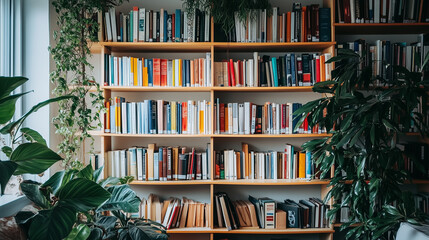Ein Bücherregal mit Nachschlagewerken und Büchern in einem modernen, freundlichen Büroraum, natürliches Licht, einige Pflanzen zwischen den Büchern