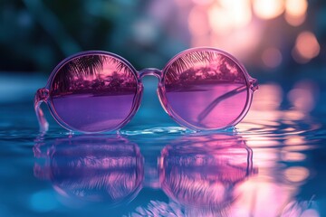 Tropical Summer Background: Pink Sunglasses on Water Surface with Palm Leaves

