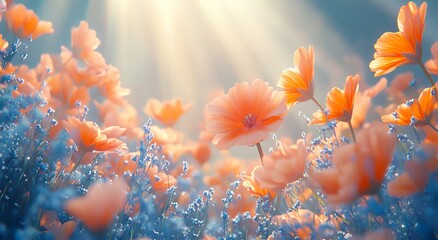Fototapeta premium a beautiful, colorful flower field with orange and blue hues