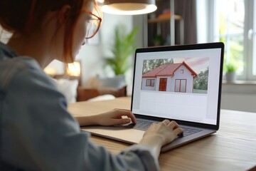 Woman searches for home on real estate website on laptop screen. Hands type on keyboard, navigate digital property listings, and view online home tours.