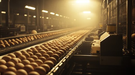 Machines efficiently sort eggs on conveyor belts in an industrial facility, ensuring quality control and processing during the early morning hours
