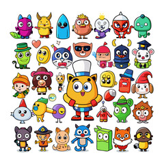 Obraz premium Toy Robots Character Group with Colorful Cartoon Design, Cute Faces, and Playful Gadgets for Playful Tech Concept Background