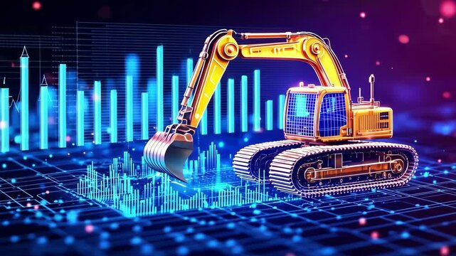 Futuristic digital excavator analyzing data in neon urban landscape