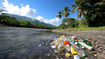 A river clogged with plastic bottles, wrappers, and other trash, with distressed wildlife trying to survive