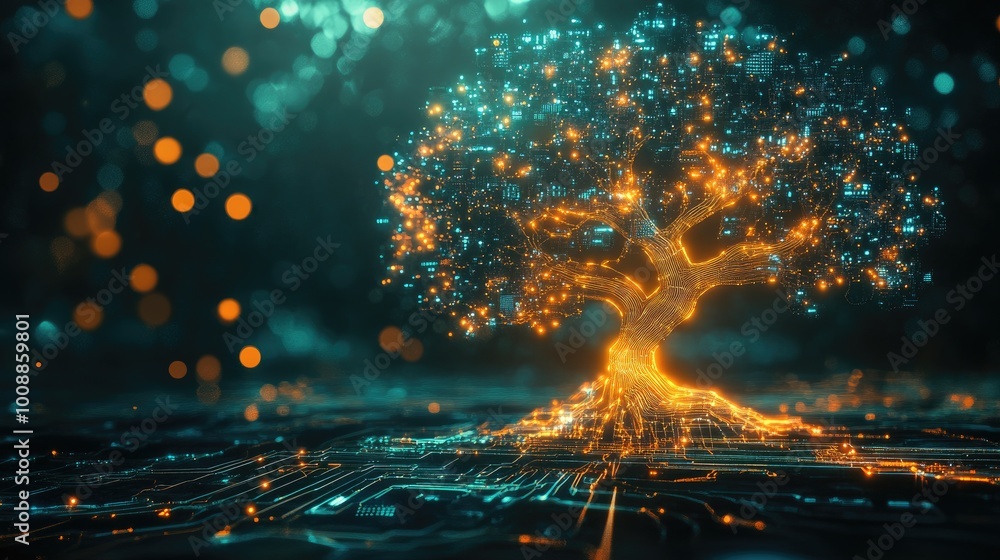Poster a mesmerizing abstract technology tree with glowing branches and leaves made of circuits, growing in