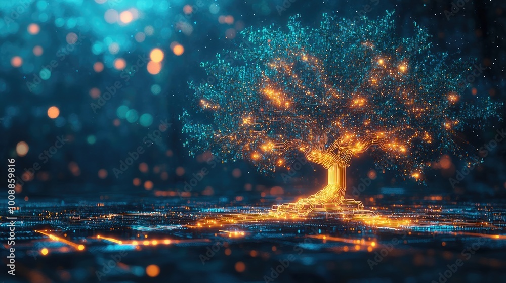 Poster a mesmerizing abstract technology tree with glowing branches and leaves made of circuits, growing in