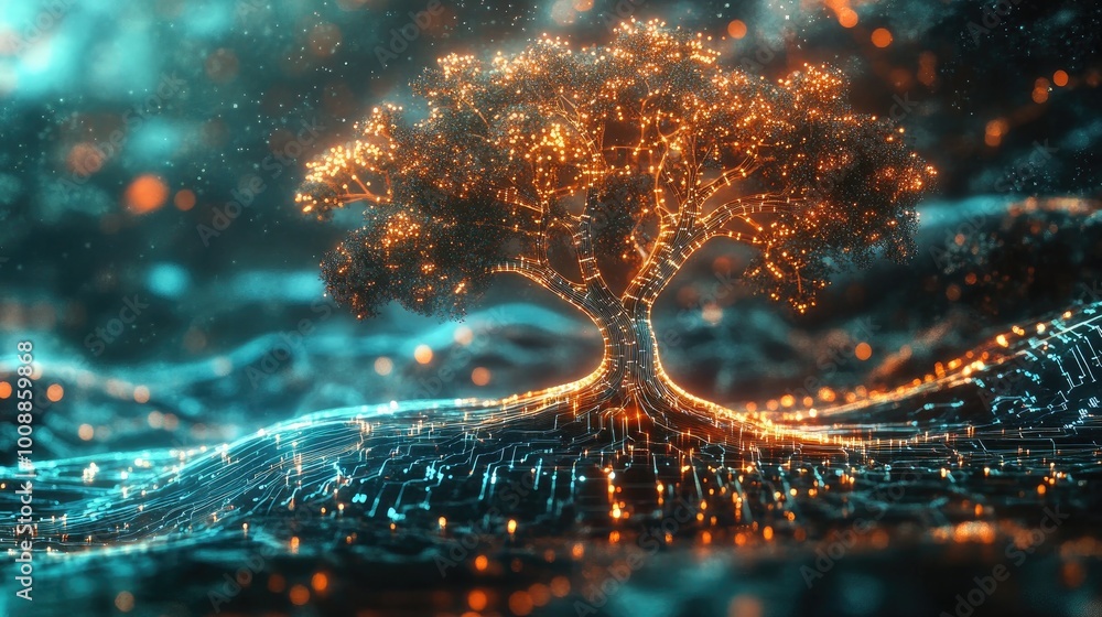 Poster a mesmerizing abstract technology tree with glowing branches and leaves made of circuits, growing in