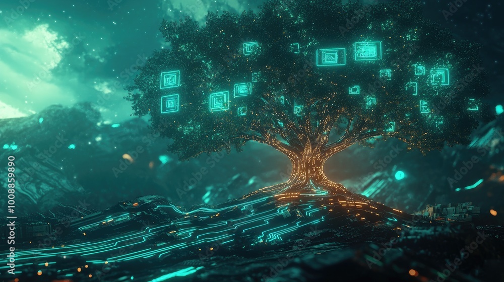 Poster a mesmerizing tree of technology with glowing digital leaves and circuit-like branches, growing in a