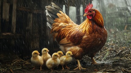 Hen and Chicks in Rainy Farm Environment