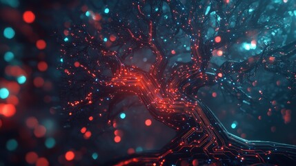 A surreal tree of technology with glowing circuit branches, set in a futuristic world filled with vibrant digital patterns and data streams