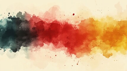 Fototapeta premium Abstract watercolor background with blue, red, and yellow paint splatters on a white background.