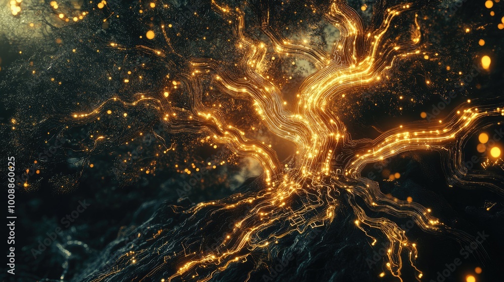 Poster an abstract glowing tree of technology, its branches forming intricate digital circuits, growing in 