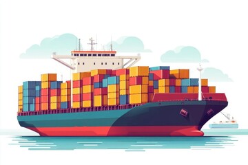 A colorful cargo ship filled with containers navigating through calm waters under a bright sky, representing global trade.